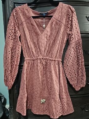 Eyelet V-Neck Long Sleeve Mini Dress - Dusty Rose